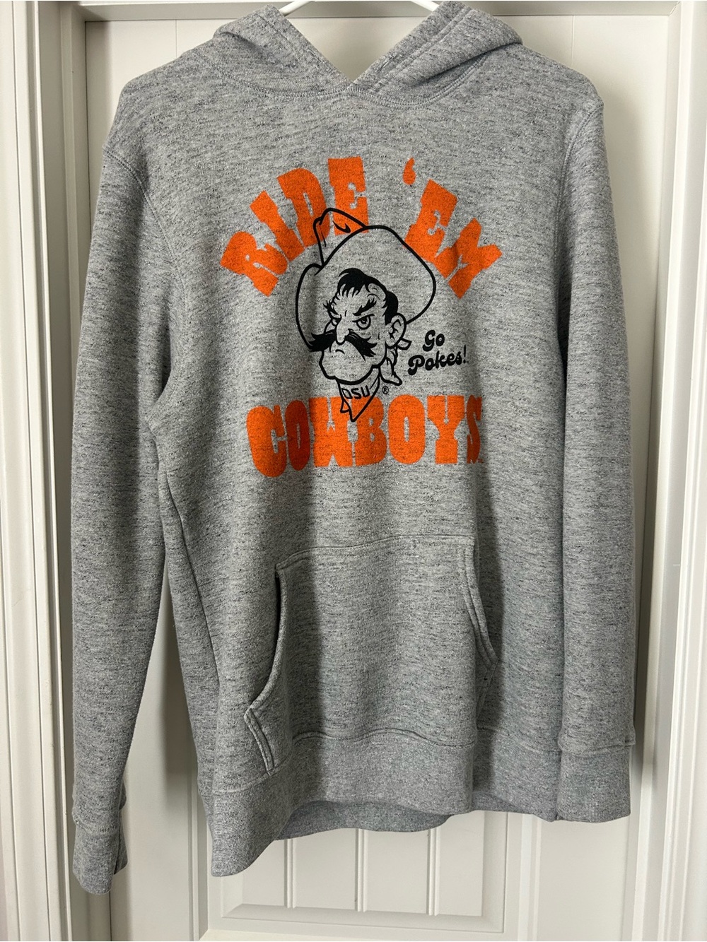 Men's Gray Crewneck Hoodie with Orange 'Ride 'Em Cowboys' Graphic